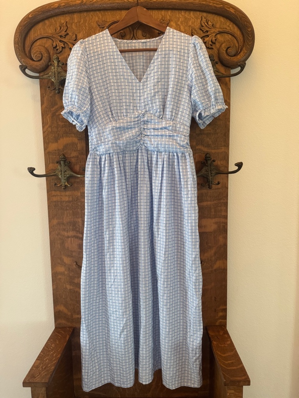 Light Blue Gingham Midi Dress with Puff Sleeves